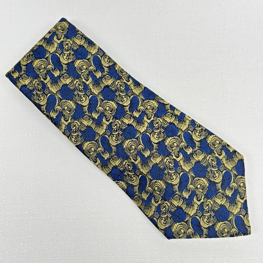 Alessandro Di Milano Tie Mens‎ OS Blue Gold Jacquard Baroque Ornate Professional
